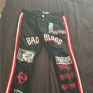 Black Graphic Pants with Red and White Stripes